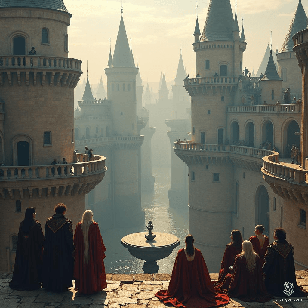 In a towering city of interconnected spires, Gallic-style nobles gather upon a lofty balcony, basking in winter sunlight. Amidst their quiet reflection, a revered war veteran, distinguished by his long white hair, sings a poignant lament, weaving tales of valor and sacrifice.