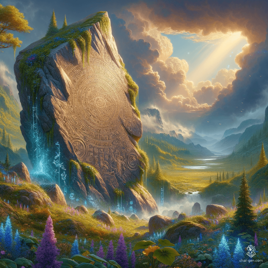 Towering cliffs of ancient stone rise majestically, their surfaces etched with glowing arcane runes. Lush, emerald vines cascade down their sides, while shimmering mists swirl at their base, revealing hidden grottos. Above, a twilight sky swirls with hues of violet and gold, casting an ethereal light over this enchanted realm.
