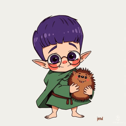 A whimsical, short-statured wizard with pointed ears, a straight purple bowl haircut, and purple eyes, dons simple green robes and round glasses. This playful, child-faced character from 1970s fantasy art gleefully holds a happy hedgehog, embodying a blend of nerdy charm and magical whimsy.