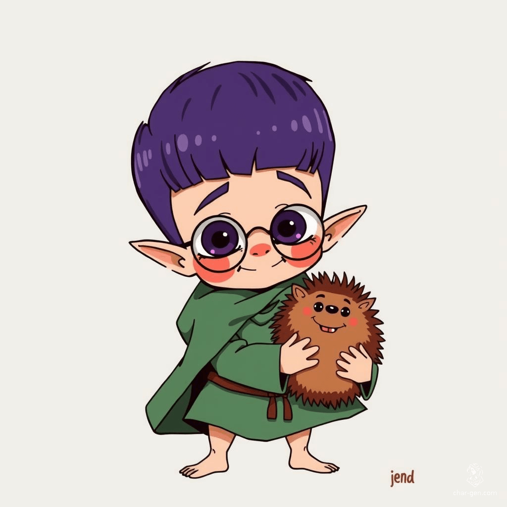 A whimsical, short-statured wizard with pointed ears, a straight purple bowl haircut, and purple eyes, dons simple green robes and round glasses. This playful, child-faced character from 1970s fantasy art gleefully holds a happy hedgehog, embodying a blend of nerdy charm and magical whimsy.