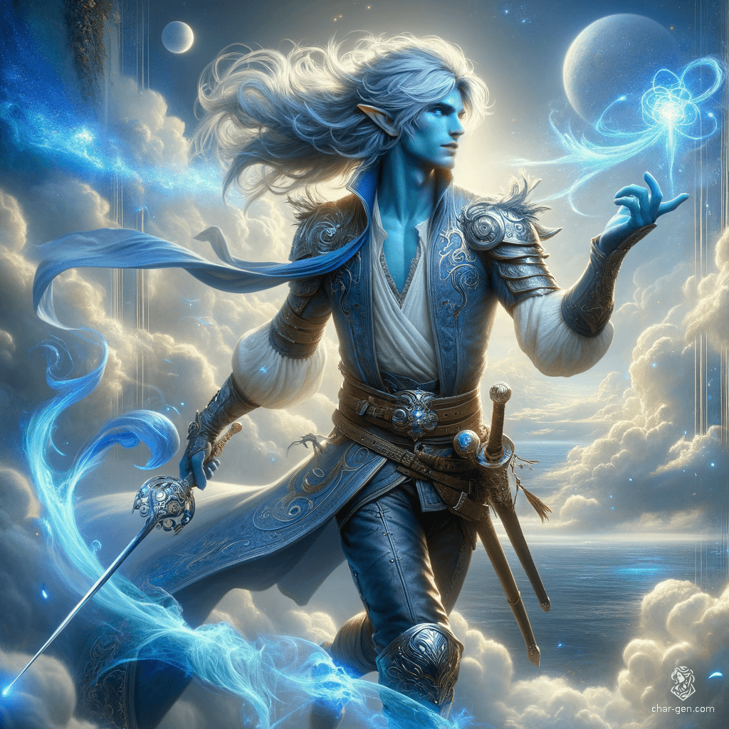 Breezen Aeolus, an 18-year-old air genasi bard, mesmerizes with his bright blue skin and stormy grey hair. Agile and charming, he wields a rapier and enchanting instrument, effortlessly blending noble elegance with aerial grace as he weaves captivating magic through expressive gestures.