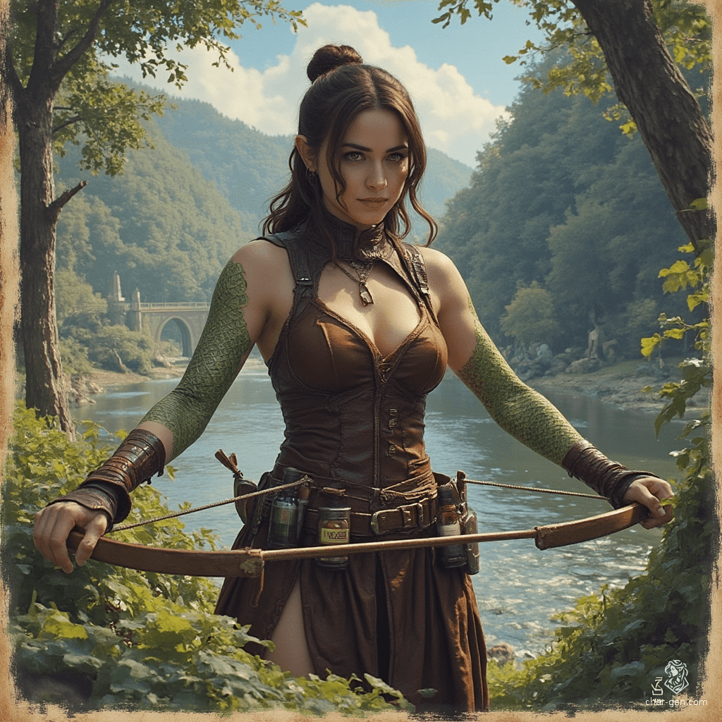 Izzy, a young halfling assassin, combines beauty and danger with her striking yellow-green snake-like eyes and shimmering green scales. Clad in a tight brown leather breastplate and armed with poisons, she lurks in the shadows, exuding a tense, thrilling aura as she awaits her prey.