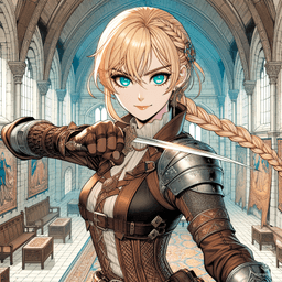 Lillian Gordiana is a 19-year-old human Rogue, skilled assassin, and spy. Standing at 5'6" with a medium build and pale skin, she boasts striking turquoise eyes with gold centers and braided blond hair. Dressed in intricately detailed leather armor, she is nimble, hardy, and exceptionally intelligent, often seen wielding a dagger.
