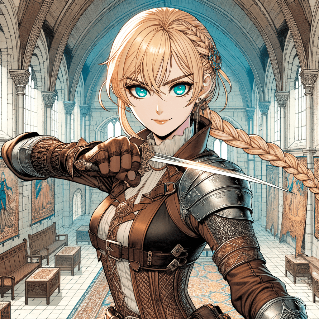 Lillian Gordiana is a 19-year-old human Rogue, skilled assassin, and spy. Standing at 5'6" with a medium build and pale skin, she boasts striking turquoise eyes with gold centers and braided blond hair. Dressed in intricately detailed leather armor, she is nimble, hardy, and exceptionally intelligent, often seen wielding a dagger.