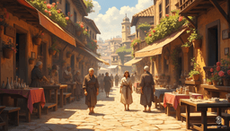 In Westcrown’s central square, golden sunlight bathes weathered cobblestones, casting enchanting shadows. Artisans' creations shimmer amidst hanging flower pots, rich with color. Whispered laughter mingles with a gentle breeze, as the warmth of community breathes life into the city's timeless, faded elegance.
