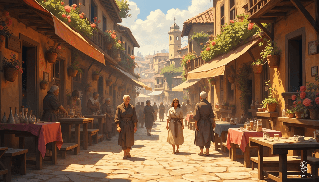 In Westcrown’s central square, golden sunlight bathes weathered cobblestones, casting enchanting shadows. Artisans' creations shimmer amidst hanging flower pots, rich with color. Whispered laughter mingles with a gentle breeze, as the warmth of community breathes life into the city's timeless, faded elegance.
