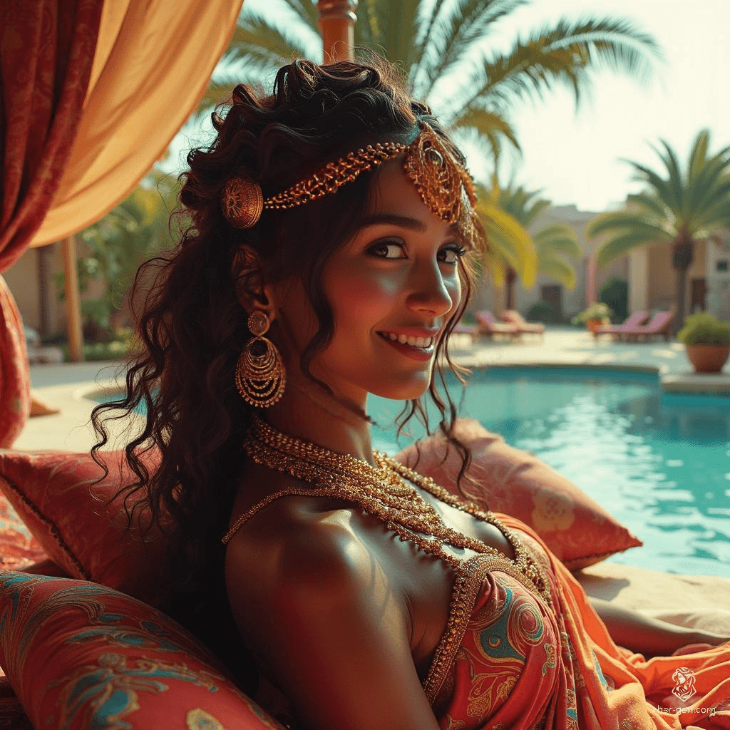 The Nubian princess lounges gracefully in her opulent oasis tent, adorned in vibrant, embroidered silk. With radiant skin and captivating eyes, she exudes wisdom and strength. Surrounded by the scents of her perfumer’s workshop, her golden hair glimmers, embodying elegance amidst nature's beauty.