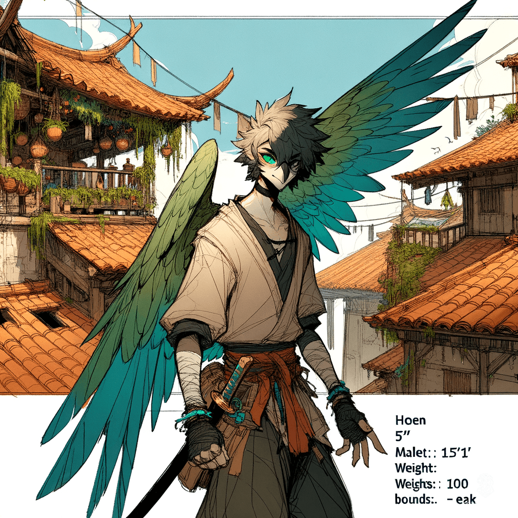 Rawzga is a 15-year-old male Aarakocra monk with light skin and distinctive teal eyes. Standing at 5"1 and weighing 100 lbs, his burnt wings testify to a tragic past. Calm yet short-tempered, he wields a dagger with nimble grace, driven by self-improvement and honor.