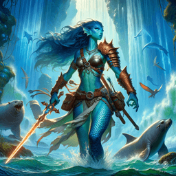 Ehmmalee is a fierce and gorgeous triton ranger with a muscular build. Adorned in gleaming copper chainmail, her noble face radiates strength. With webbed fingers and scaly lower half, she wields a rapier and carries a crossbow, accompanied by her loyal sea lion companion.