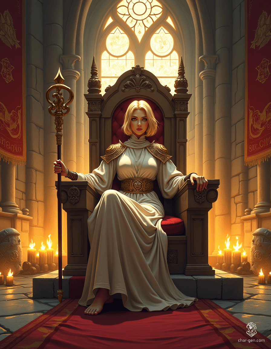 Loralyn, the serene Aasimar monk and baroness, exudes an unearthly presence in her stone throne room. Radiant golden eyes and glowing skin signal her divine heritage as she prepares to defend against dark forces. Poised with her glowing quarterstaff, she embodies wisdom and unwavering resolve.