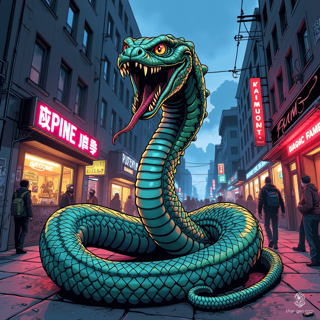 The Naga is a mesmerizing fusion of serpent and human, boasting a jewel-adorned, hooded cobra head and a sinuous body. With a hypnotic gaze and poised to strike, this formidable creature embodies both elegance and danger as it rears up like a basilisk ready to attack.