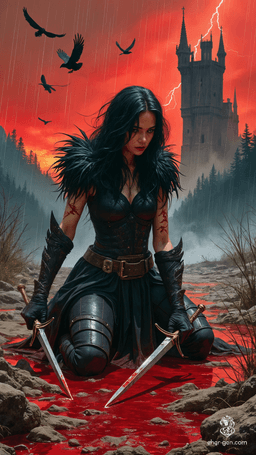 In a gritty 1970s dark fantasy style, a deadly female warrior clad in raven-feathered black armor kneels in a blood-soaked field, glaring at an approaching horde. Twin swords crossed, rain matted wild hair, and ravens circle ominously. A decaying castle looms under a blood-red sky.