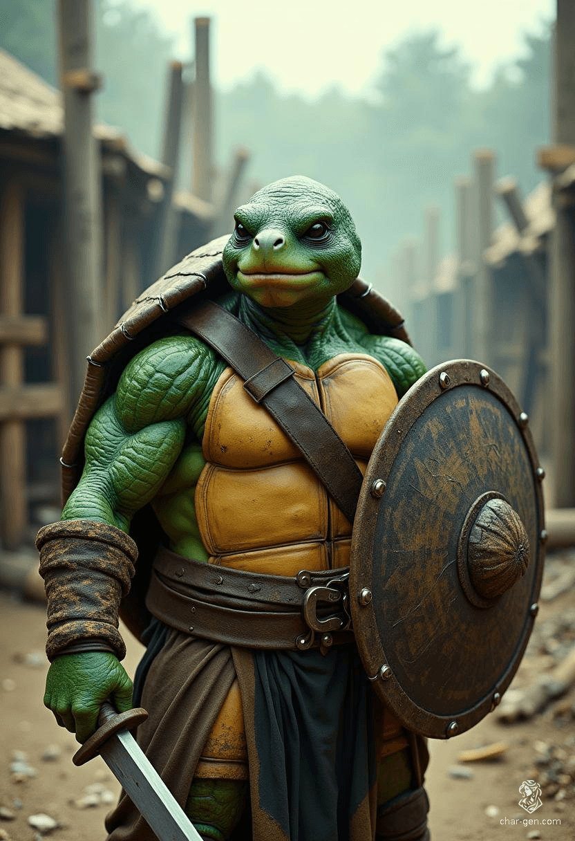 Snaps is a 5'10" charming tortle sorcerer and pirate, adorned in enchanted garments and arcane sigils. With his sturdy shell, vibrant green skin, and striking black eyes, he wields lightning's power and a formidable dagger. For Snaps, the sea embodies freedom, and courage is his unyielding creed.