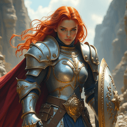 A fierce warrior of formidable strength, this redheaded dwarf paladin charges into battle, her glistening silver plate mail adorned with golden veins. Wielding a massive hammer and a sturdy shield, she embodies valor and determination, ready to defend her kin against any foe.