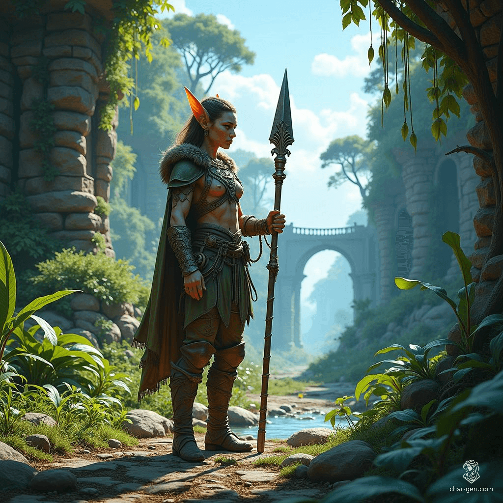 The Spiritborn druid, a nimble wood elf of medium build, wields a glaive with unwavering strength. Adorned in intricately detailed hides, they summon the earth's power alongside loyal animal companions, embodying harmony and wisdom in their lush, natural realm.
