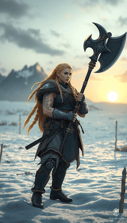 In a stunningly detailed, life-size cinematic frame, a fierce female Viking warrior stands dominating a snowy battlefield. Her braided blonde hair flows wildly as she holds a glowing, rune-etched double-headed axe aloft. Clad in heavy furs and leather, with Nordic tattoos marking her muscular arms, she embodies raw, untamed Norse power amidst a desolate frozen landscape.