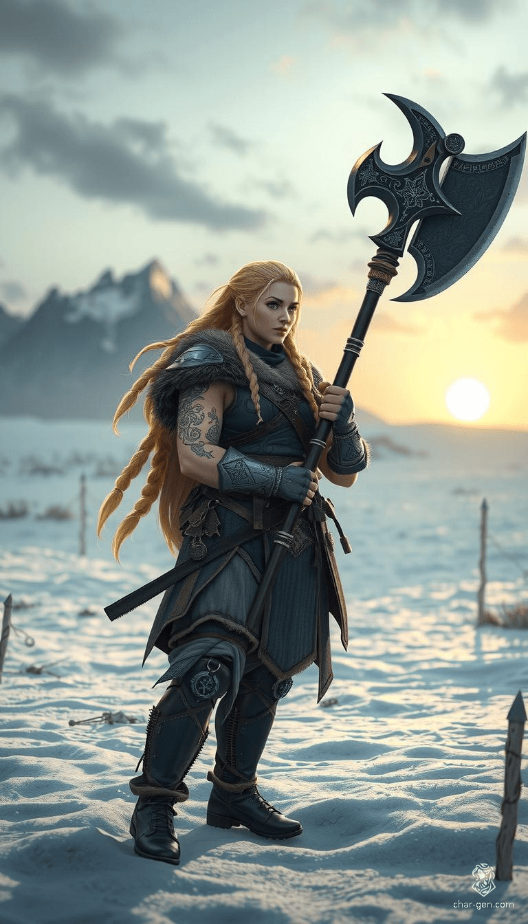 In a stunningly detailed, life-size cinematic frame, a fierce female Viking warrior stands dominating a snowy battlefield. Her braided blonde hair flows wildly as she holds a glowing, rune-etched double-headed axe aloft. Clad in heavy furs and leather, with Nordic tattoos marking her muscular arms, she embodies raw, untamed Norse power amidst a desolate frozen landscape.