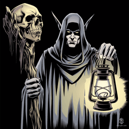**Tarot: The Hermit's Lantern**
In the depths of shadow, the dark elf wields a haunting lantern, casting eerie light upon the skull-adorned staff of ancient power. Every flicker reveals secrets of the abyss, guiding lost souls through introspection and illuminating the path of solitude amidst darkness.
