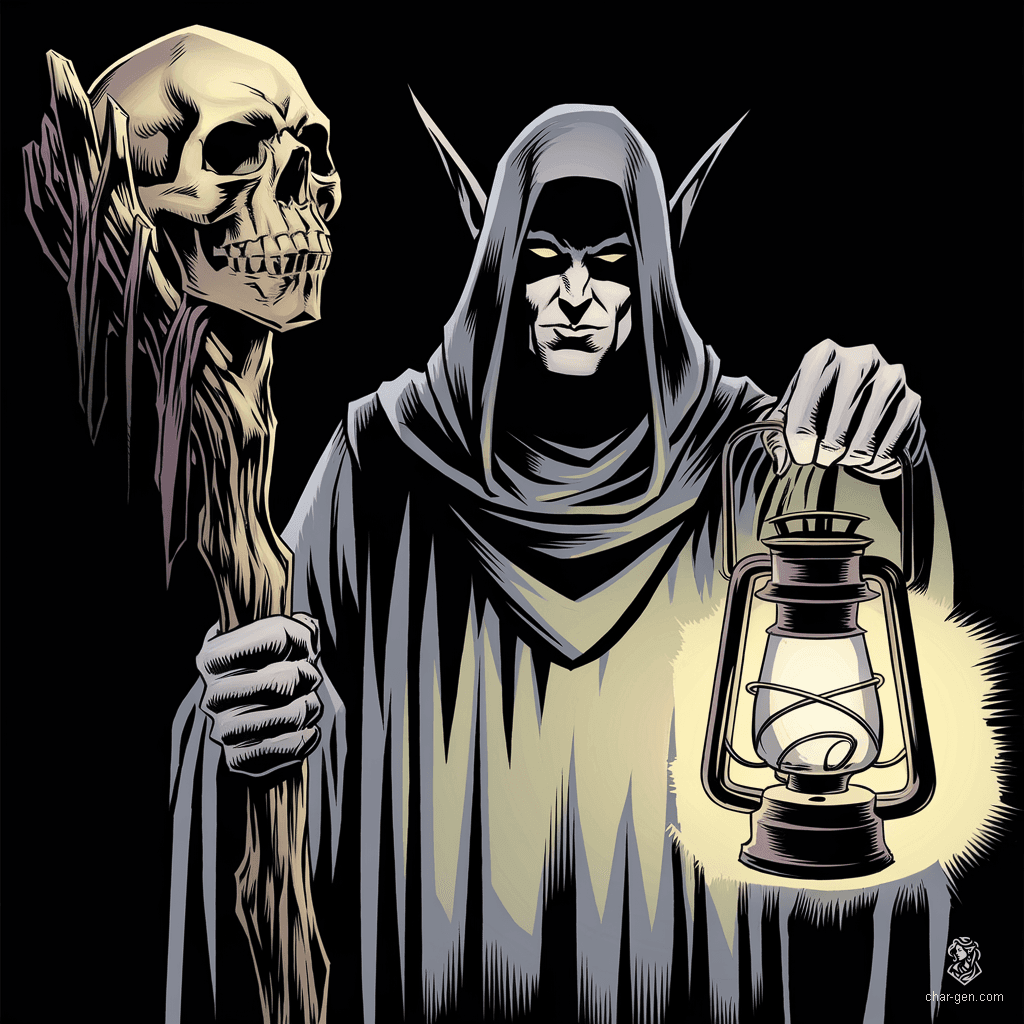 **Tarot: The Hermit's Lantern**
In the depths of shadow, the dark elf wields a haunting lantern, casting eerie light upon the skull-adorned staff of ancient power. Every flicker reveals secrets of the abyss, guiding lost souls through introspection and illuminating the path of solitude amidst darkness.