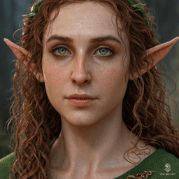 A calm and fluidly postured Half-Elf Monk, she exudes an aura of serene strength. With curly hair and fair skin that contrasts sharply with her shackles, her presence is both peaceful and strikingly resilient.