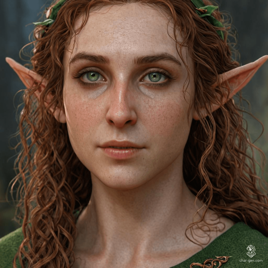 A calm and fluidly postured Half-Elf Monk, she exudes an aura of serene strength. With curly hair and fair skin that contrasts sharply with her shackles, her presence is both peaceful and strikingly resilient.