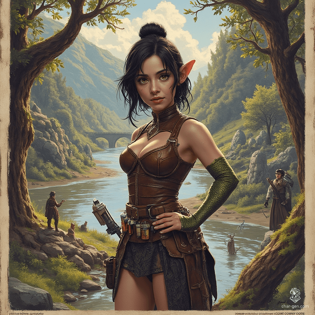 Izzy, a newly emancipated halfling assassin, is a perky yet deadly crossbow specialist. With snake-like yellow-green eyes and shimmering green scale patches, she dons a fitted brown leather breastplate and wields concealed daggers. Her aura exudes both competence and malice, embodying the thrill of the hunt.