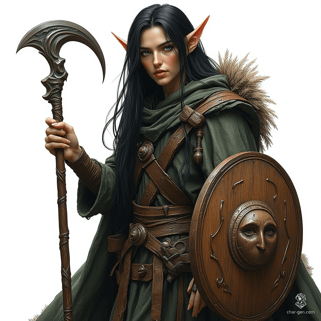 Elysar, the enigmatic male elf druid, possesses flowing black hair and captivating light brown eyes. Clad in leather armor, he wields a crescent moon sickle and a shield adorned with a mystical carved face, embodying the harmony of nature and ancient magic.