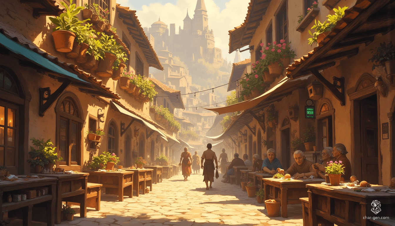 In Westcrown’s central square, golden sunlight bathes weathered cobblestones, casting enchanting shadows. Artisans' creations shimmer amidst hanging flower pots, rich with color. Whispered laughter mingles with a gentle breeze, as the warmth of community breathes life into the city's timeless, faded elegance.
