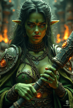 Mugzug the Tiny is a noble half-orc warlock, bearing arcane sigils and wielding a powerful mace. With tusked, green skin and human elegance, she balances charm and wisdom. Torn between duty and desire, she fights against her family's wishes to save her forbidden love, Maribel.