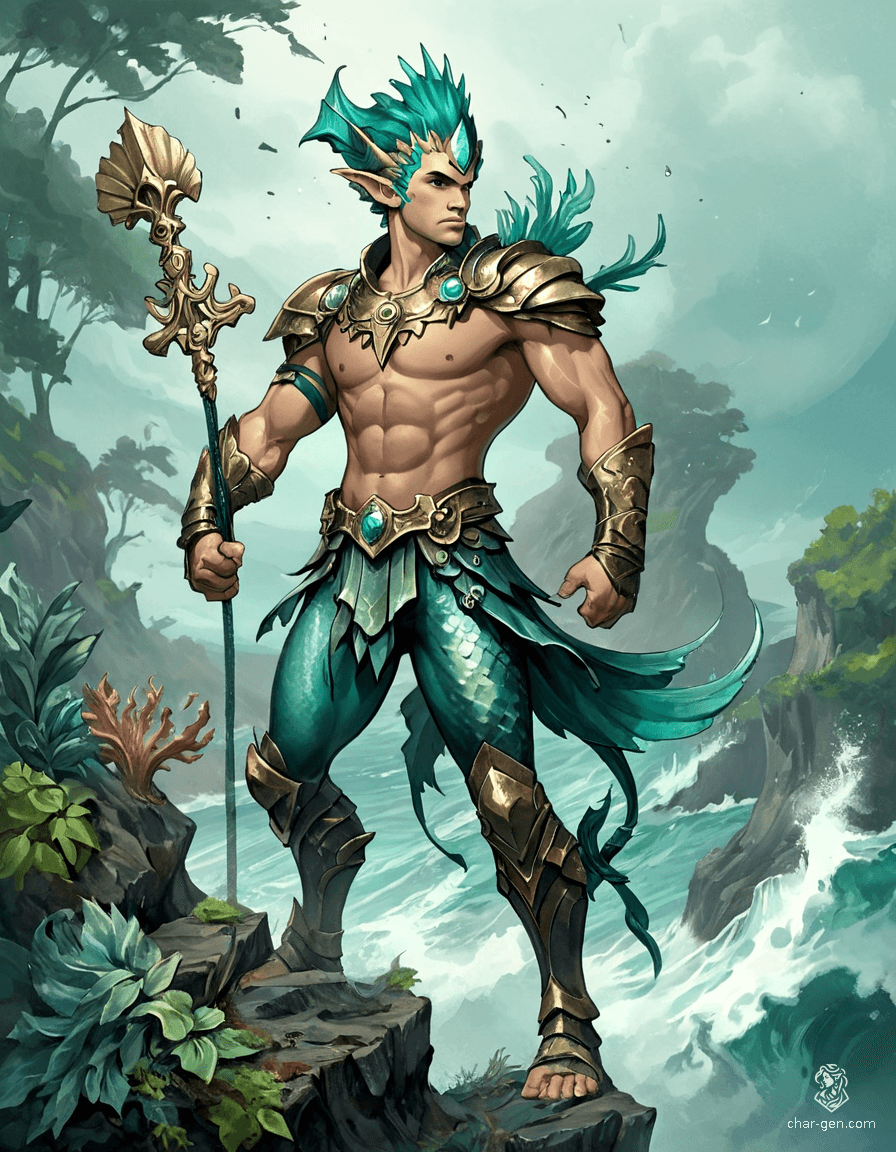 Kaelen, a triton ranger, merges the ocean's depths with forest shadows. His shimmering sea-blue skin and kelp-green hair adorned with natural elements reflect his dual heritage. Clad in sea-forged leathers, he navigates land and sea with agility, embodying wisdom as a guardian of both realms.