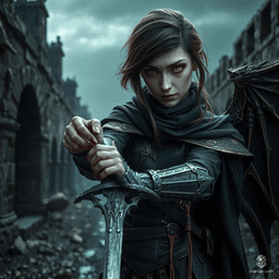 Miatte Derethian, a 30-year-old human battlemaster and sword-fighting champion from Dereth, is a haunted survivor of a cataclysm wrought by an arch lich. With pale skin, green eyes, and espresso brown hair, she wields a longsword and wears a winged cloak. Miatte battles monsters to protect the innocent and exorcise her demons, speaking to spirits unseen by others.