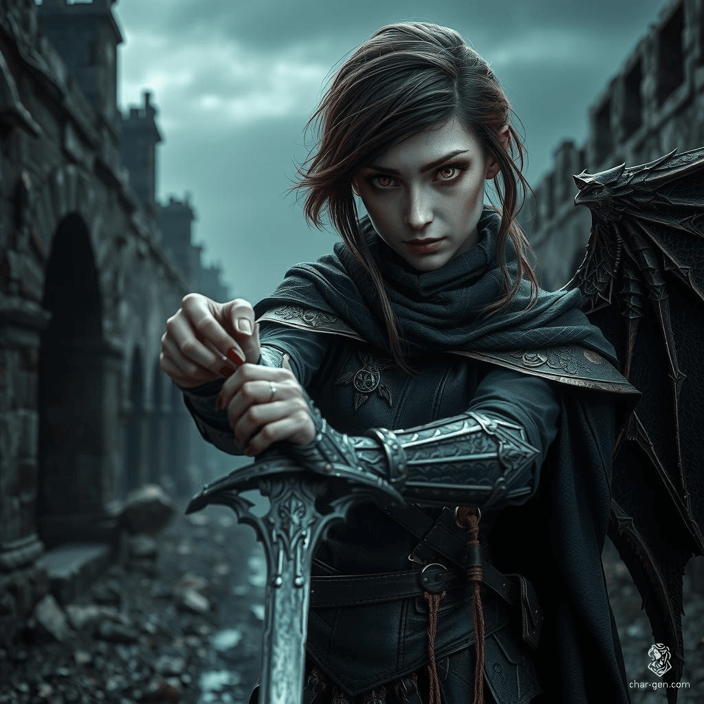 Miatte Derethian, a 30-year-old human battlemaster and sword-fighting champion from Dereth, is a haunted survivor of a cataclysm wrought by an arch lich. With pale skin, green eyes, and espresso brown hair, she wields a longsword and wears a winged cloak. Miatte battles monsters to protect the innocent and exorcise her demons, speaking to spirits unseen by others.