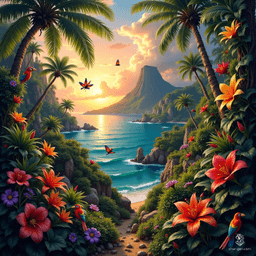 A lush jungle island bursts with vibrant color, where towering palms and thick vines cradle a cacophony of exotic blooms. Tropical birds soar through the vivid greenery, while flickering butterflies dance among flowers. Amidst this vivid beauty lurks an unsettling darkness, as shadowy figures blend into the undergrowth and a distant volcano looms ominously.