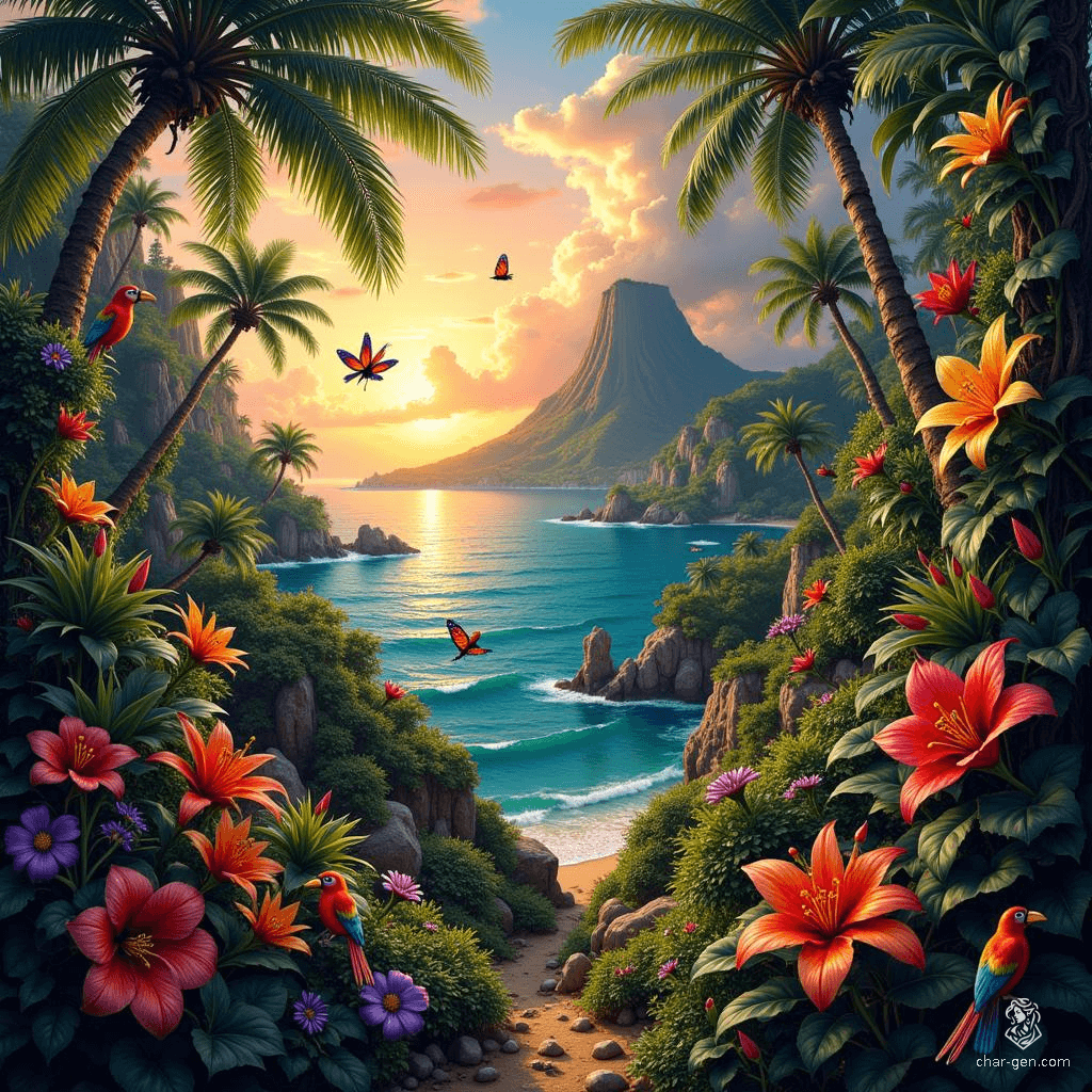 A lush jungle island bursts with vibrant color, where towering palms and thick vines cradle a cacophony of exotic blooms. Tropical birds soar through the vivid greenery, while flickering butterflies dance among flowers. Amidst this vivid beauty lurks an unsettling darkness, as shadowy figures blend into the undergrowth and a distant volcano looms ominously.