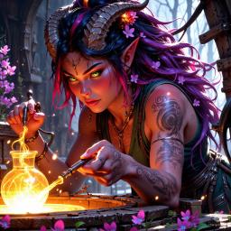 A vibrant tiefling sorceress, she embodies magic with bright green eyes and a wildflower crown of glass amidst her multicolored pink, blue, purple, and black hair. At 30, her mottled skin and devilish horns reflect her heritage as she expertly shapes molten glass by a roaring furnace, surrounded by dazzling creations.