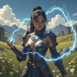 Jouli, a striking middle-aged investigator mage of East Asian descent, stands poised in intricately embossed leather armor. Her pale skin gleams in sunlight as she conjures a glowing blue rune. With a pixie cut and bright, concerned eyes, she balances her roles as a fierce protector and devoted librarian amid ancient tomes.