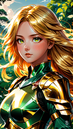 Introducing Sigarda, a stunning angelic protagonist with radiant golden hair and solid gold glowing eyes. She dons intricate green and gold armor, embodying strength and grace. Floating majestically in the sky, her dynamic pose and vibrant, expressive features capture the essence of anime artistry.