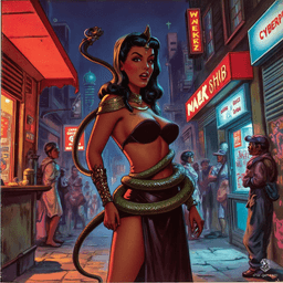 The Naga is a mesmerizing fantasy creature with a serpentine body, humanoid torso, and a hooded cobra head. Adorned with jewels, her graceful coils exude elegance while her hypnotic gaze lures in prey. With a distinct dark skin texture, she embodies both beauty and danger, poised to strike.