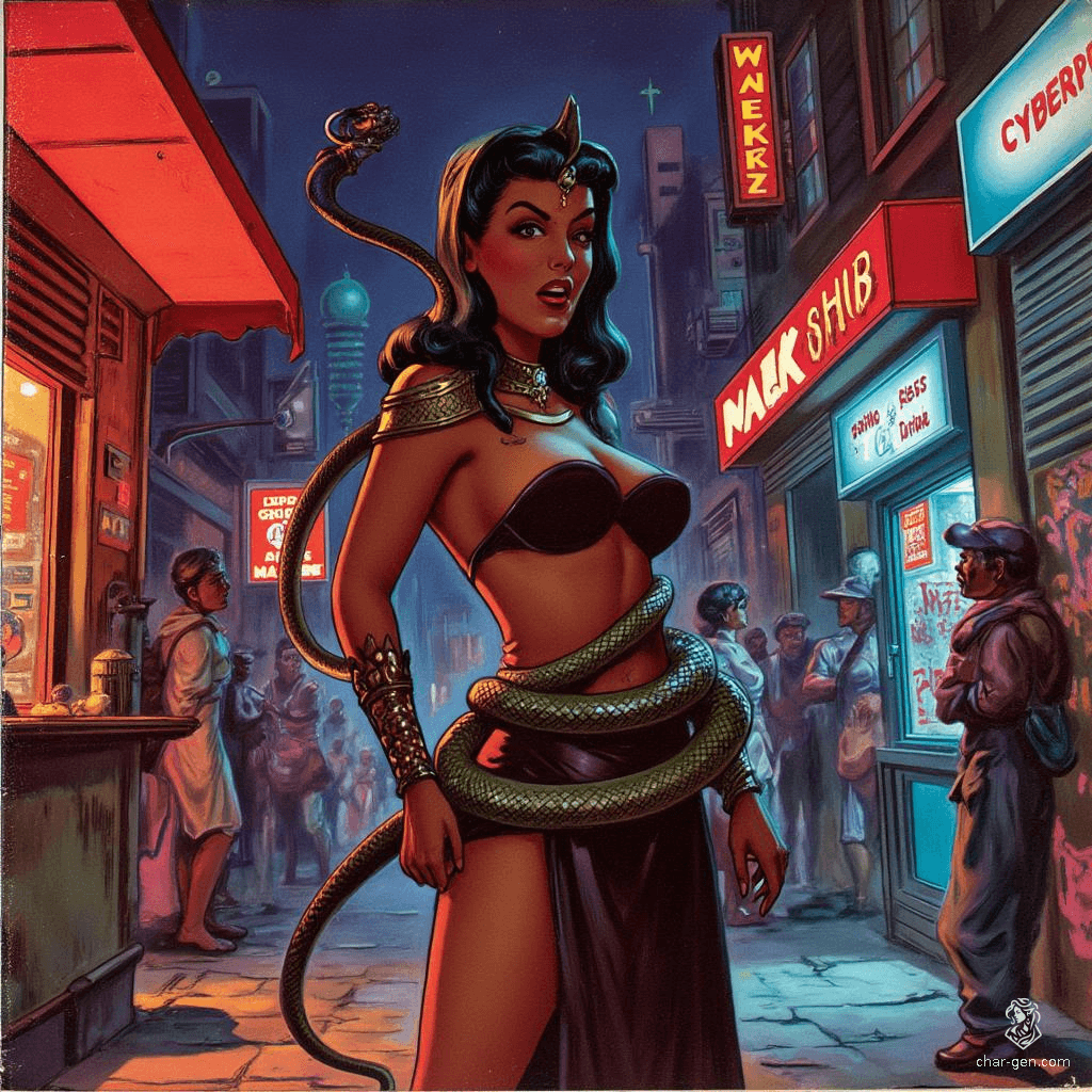 The Naga is a mesmerizing fantasy creature with a serpentine body, humanoid torso, and a hooded cobra head. Adorned with jewels, her graceful coils exude elegance while her hypnotic gaze lures in prey. With a distinct dark skin texture, she embodies both beauty and danger, poised to strike.