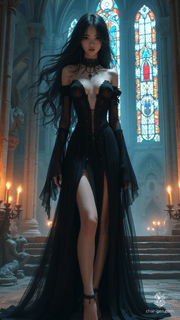 A mysterious female warlock of kalashtar origin, with jet-black, cascading hair and luminescent pale skin, dons a dark, revealing silk gown. Her dark, piercing eyes are encircled by wisps of shadow, and an aura of magic and arcane sigils surrounds her as she stands in a dimly lit, abandoned cathedral.