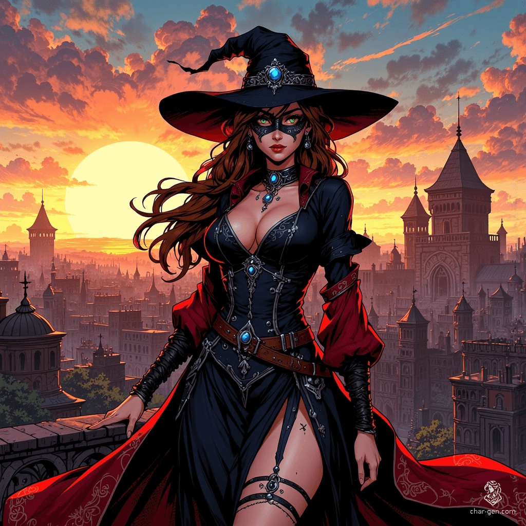 A mischievous rogue of the twilight, this alluring woman with flowing brown hair and striking green eyes defies her pursuers. Dressed in a stylish black cassock with red and silver accents, she embodies a blend of elegance and athleticism, her jeweled mask concealing playful secrets.