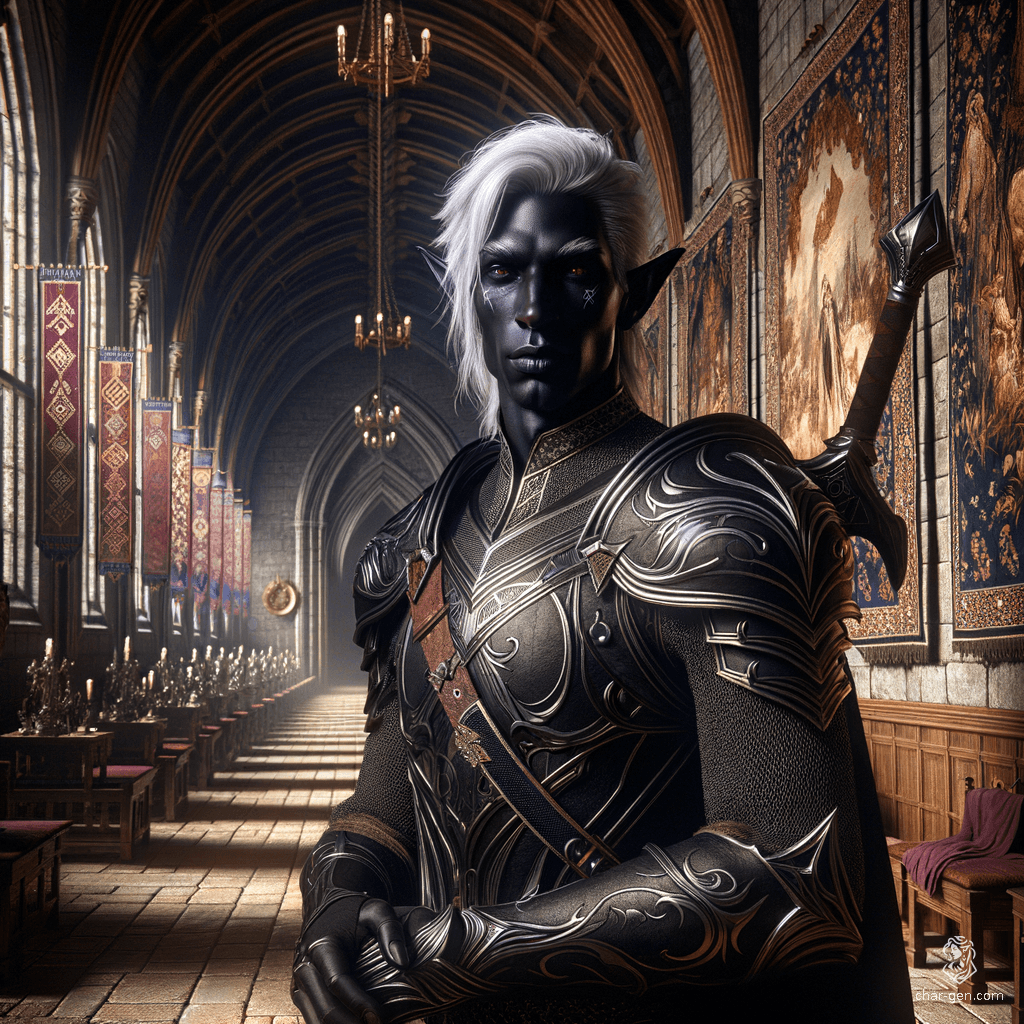 A shadar-kai paladin, this regal figure boasts raven hair and striking obsidian eyes framed by dark skin. Cloaked in elegant armor symbolizing his devotion to the Raven Queen, he emanates a dignified aura, ready to protect those in need while commanding respect in the shadowy realms.