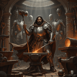 Torin Ironfist, a formidable male dwarf fighter and skilled armorer, strikes a confident pose amidst his bustling forge. His tan skin and jet-black hair complement his chainmail armor and brown hooded cloak. Surrounded by suits of armor and tools of his trade, he crafts impenetrable protection for valiant warriors.