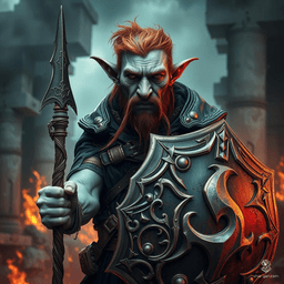 Gerald, a wise and gentle firbolg cleric with serene demeanor, features light blue skin, large elf-like ears, red hair, and a large round nose. He wields a quarterstaff and bears an intricately detailed protective shield. Dedicated to knowledge, his life's work is a comprehensive series of tomes, though he struggles to keep secrets.