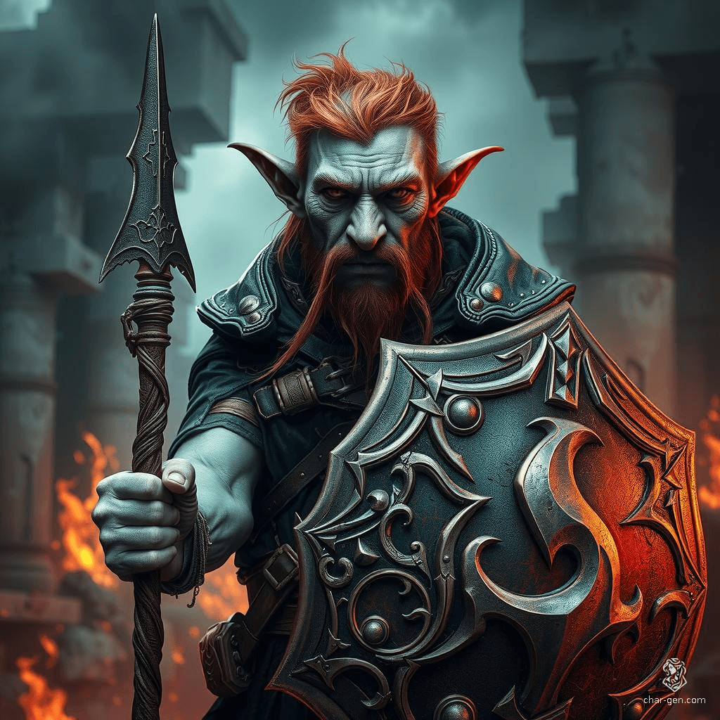 Gerald, a wise and gentle firbolg cleric with serene demeanor, features light blue skin, large elf-like ears, red hair, and a large round nose. He wields a quarterstaff and bears an intricately detailed protective shield. Dedicated to knowledge, his life's work is a comprehensive series of tomes, though he struggles to keep secrets.