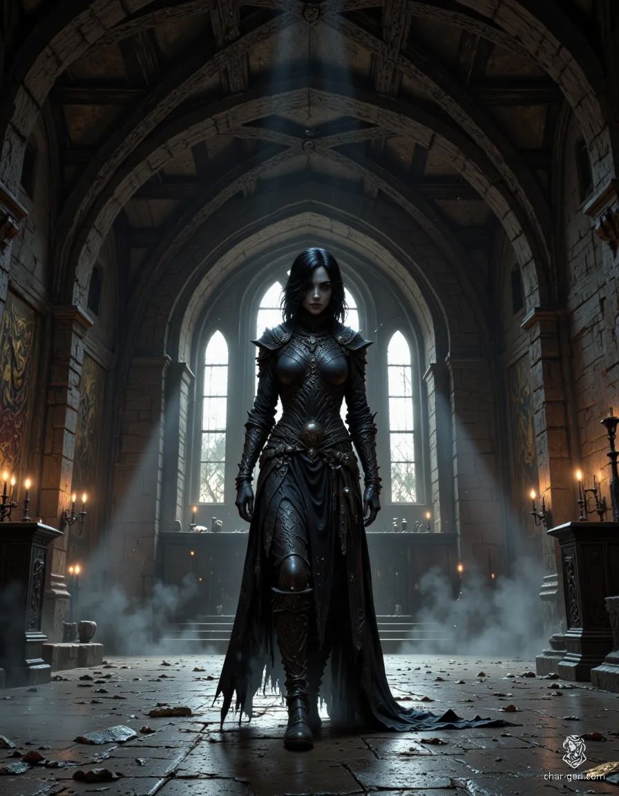 In the depths of a shadowy castle, a young female assassin glides effortlessly through the night. Her jet-black bob frames a pale face, accentuated by form-fitting leather armor that highlights her curvy figure. With daggers hidden expertly on her person, she embodies both beauty and danger.