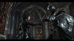 In a dimly lit royal chamber, a stunning half-elf Assassin with pale skin and a sleek bob weaves through shadows, her exquisite black leather armor hugging her curvy form. In a fierce showdown, she dodges a Guard's longsword slash, her short-sword poised for a strike as he raises his shield, the royal emblem gleaming amidst the chaos.