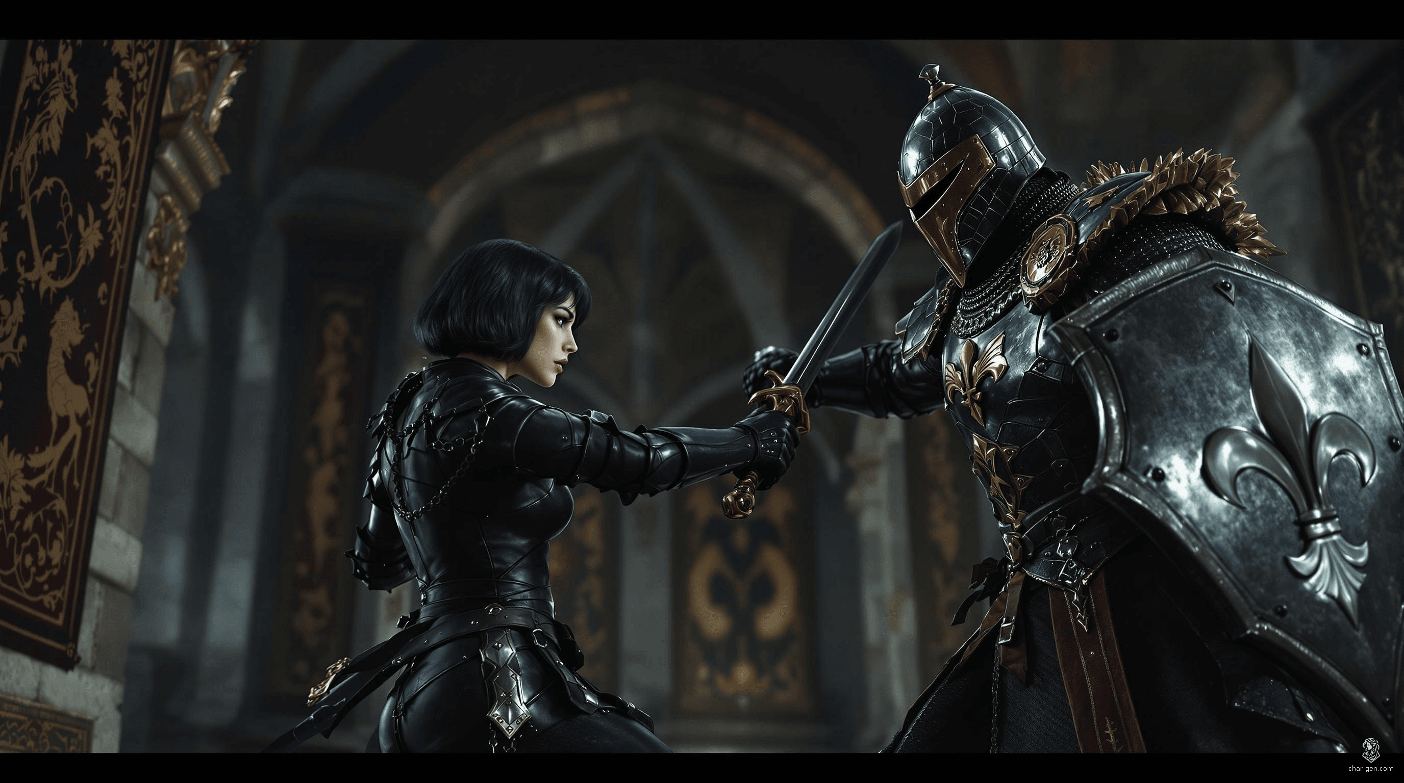In a dimly lit royal chamber, a stunning half-elf Assassin with pale skin and a sleek bob weaves through shadows, her exquisite black leather armor hugging her curvy form. In a fierce showdown, she dodges a Guard's longsword slash, her short-sword poised for a strike as he raises his shield, the royal emblem gleaming amidst the chaos.