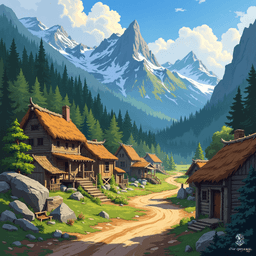 Nestled at the base of the Sword Mountains, a rugged frontier town stands with rustic wooden and stone buildings, thatched roofs, and muddy roads. Surrounded by low stone walls and simple farms, it is enveloped in vibrant forests and looming, jagged peaks, exuding an aura of magical isolation.