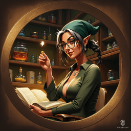 Maryam, the Apothecary Witch, is a charming older elf with tanned skin and bright topaz eyes, embodying wisdom and curiosity. Her shoulder-length, tea-colored hair, streaked with gray and tied in a loose ponytail, frames her gentle face. Clad in practical, renaissance-inspired attire, she balances her work amidst potions and herbs, her translucent spider familiar hovering nearby. Surrounded by warm candlelight, Maryam exudes a cozy yet mystical atmosphere, perfectly merging competence with a thirst for the unknown.